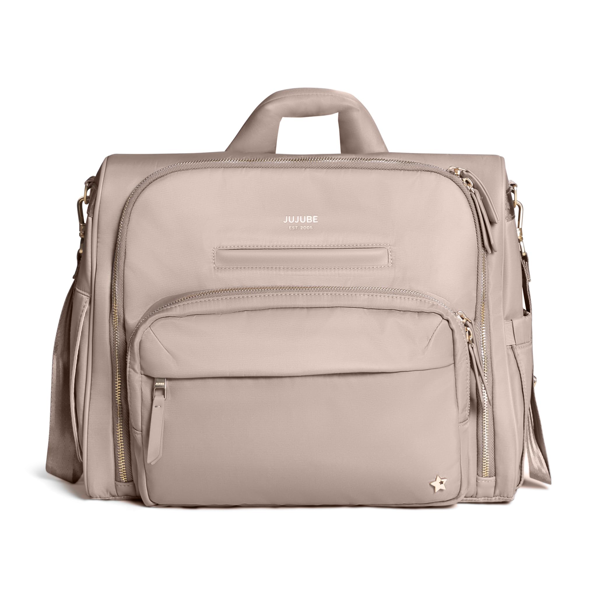 JuJuBe Convertible Diaper Backpack - Large Baby Travel Bag with Insulated Bottle Pockets & Portable Changing Pad | Taupe Diaper Satchel for Moms | Perfect for Daycare, Travel & On-the-Go Parenting (Boy or Girl)