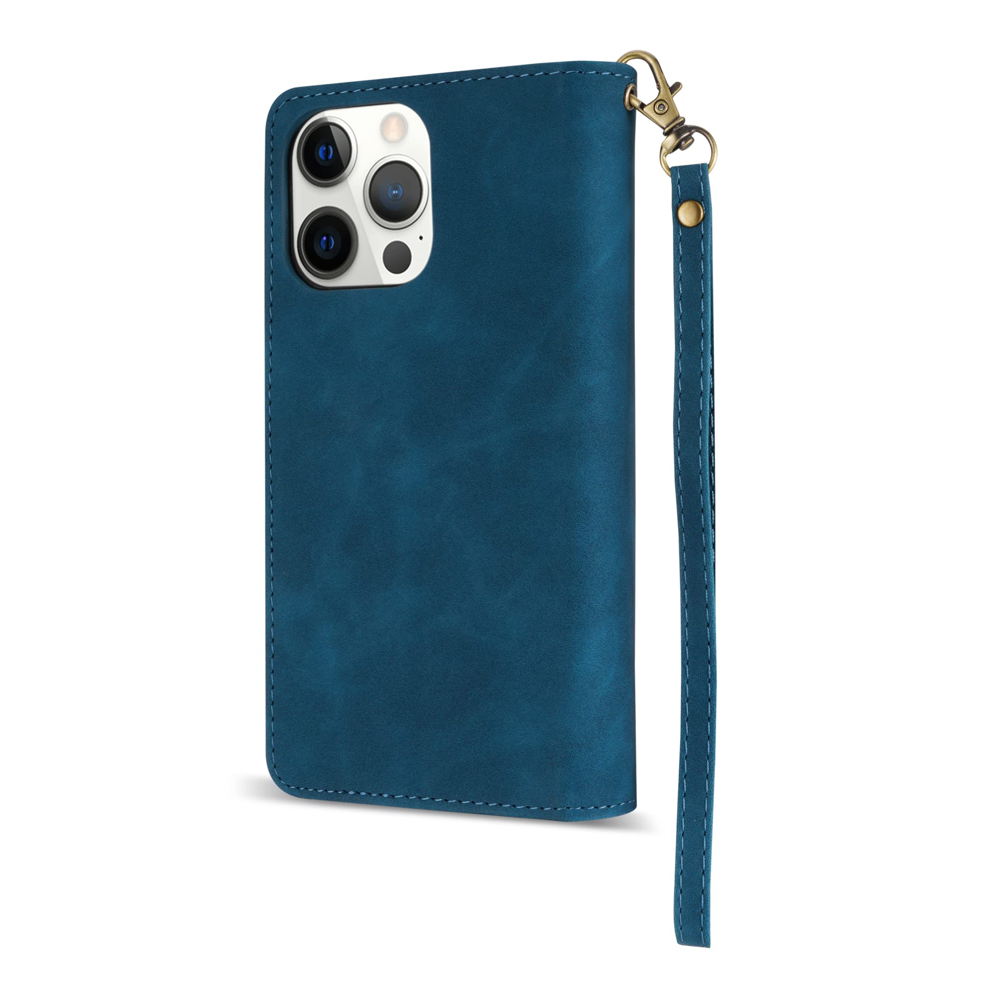 Premium Soft PU Leather Zipper Flip Folio Wallet Case for iPhone 12 Pro Max (6.7 inch) - Card Slots, Wrist Strap & Kickstand - Protective Blue Cover for Everyday Use, Travel & Business