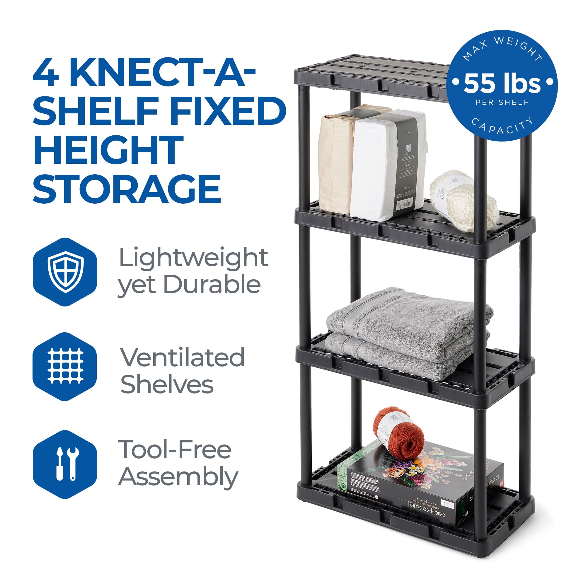 Gracious Living 2-Pack 4-Tier Storage Shelves - Fixed Height Light Duty Knect-A-Shelf in Black - Perfect for Garage, Closet, Pantry & Home Organization