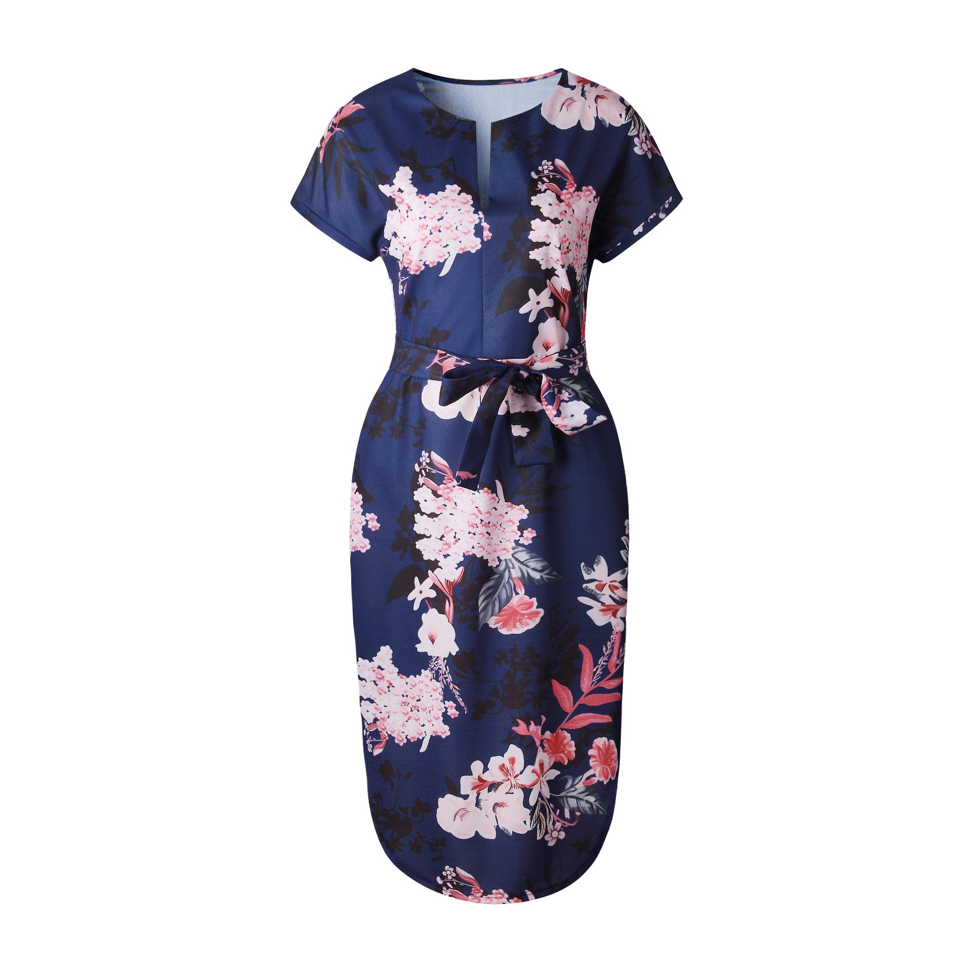 LitBud Women's Midi Dress - Summer V-Neck Short Sleeve Casual Office Dress with Geometric Belt | Perfect for Work, Date Night & Summer Outings