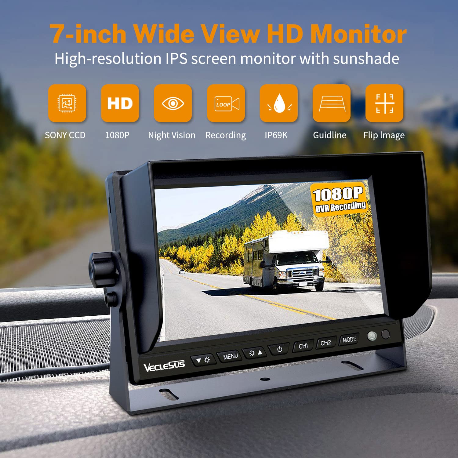 1080P HD Backup Camera with 7” IPS Monitor - Wired DVR Dash Cam for Trucks, RVs, Trailers, Buses & Large Vehicles | Night Vision, Parking Assistance, Rear View Safety System | Perfect for Commercial Fleets & Long-Distance Driving