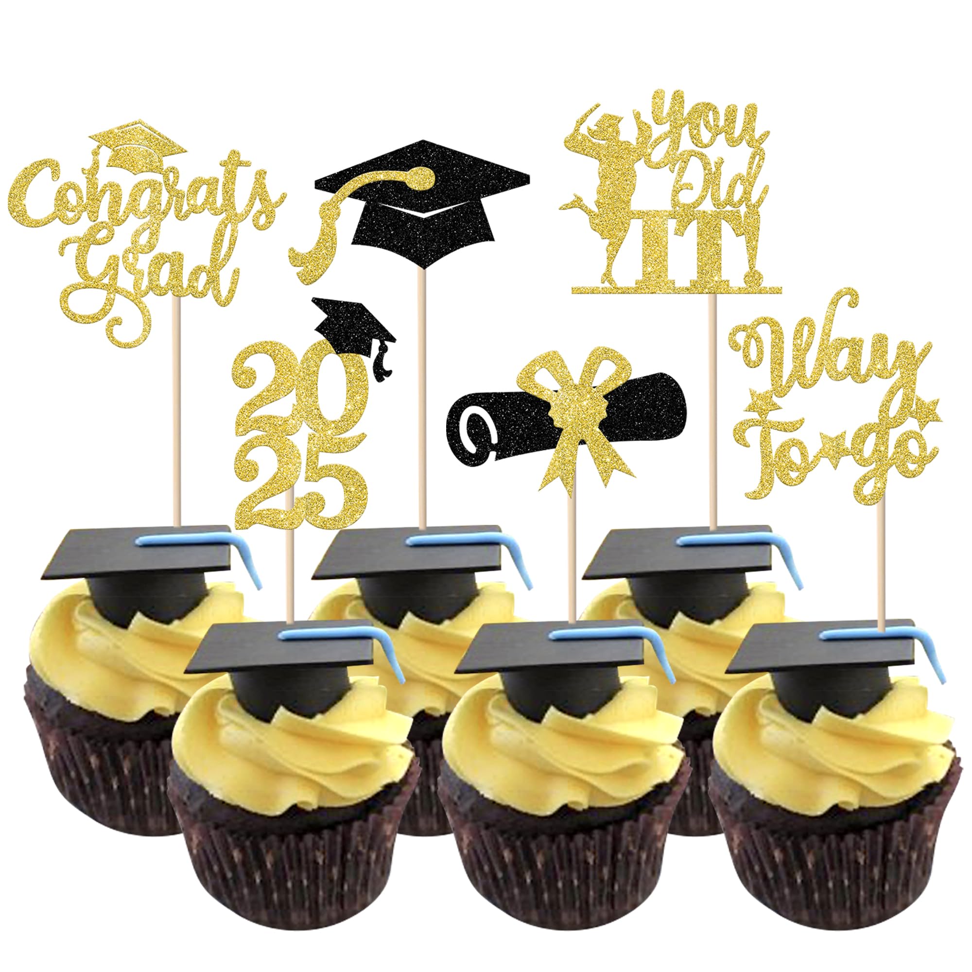 24 Pack Lawyer Graduation Cupcake Toppers - Class of 2025 Glitter Grad Cap Law School Survivor Cake Decorations - Gold Cupcake Picks for 2025 Lawyer Graduation Party, Birthday & Celebration Supplies