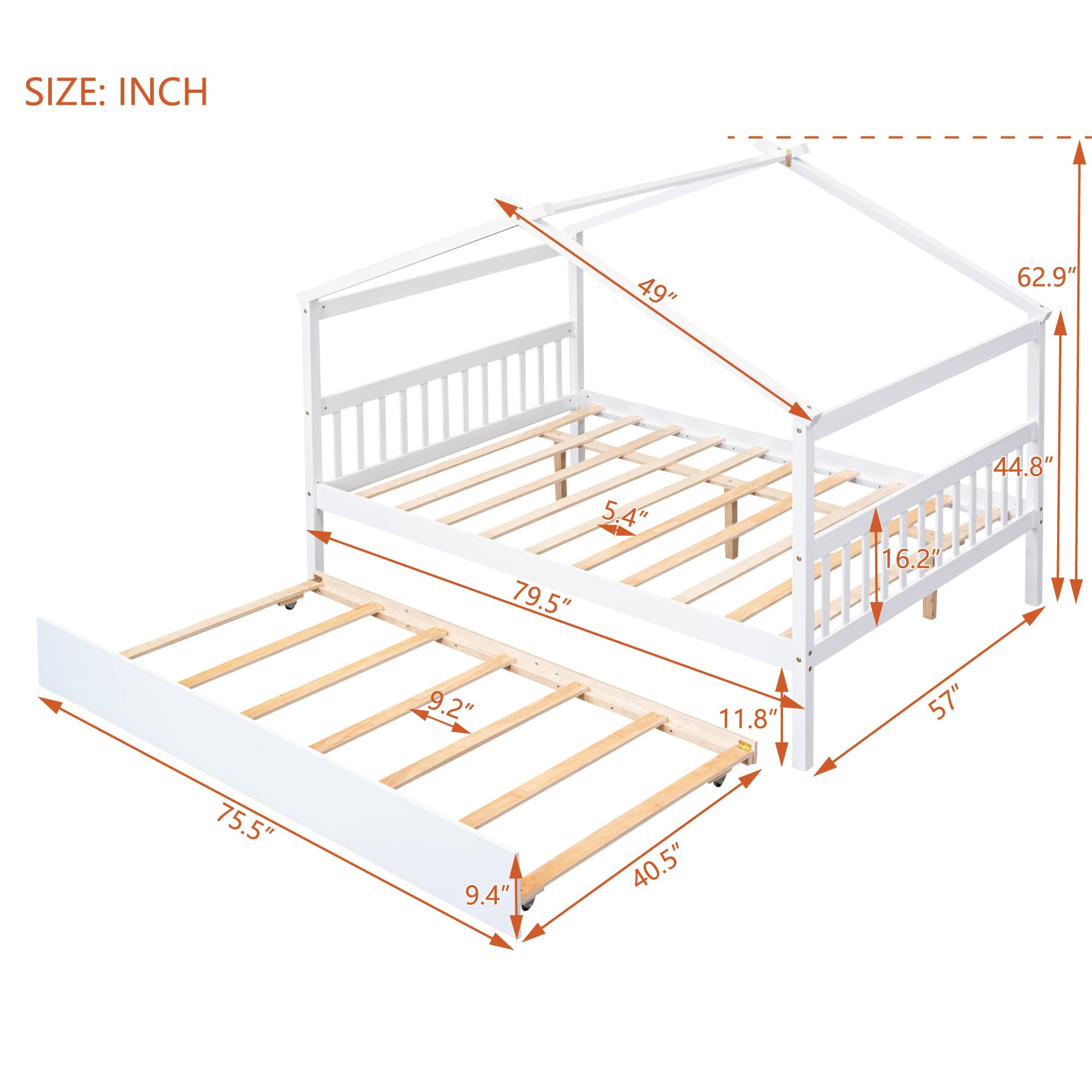 Bellemave Full Size House Bed with Twin Trundle - White Wooden Playhouse Bed with Roof for Kids' Bedroom, Nursery, or Playroom - Fun and Functional Children's Furniture