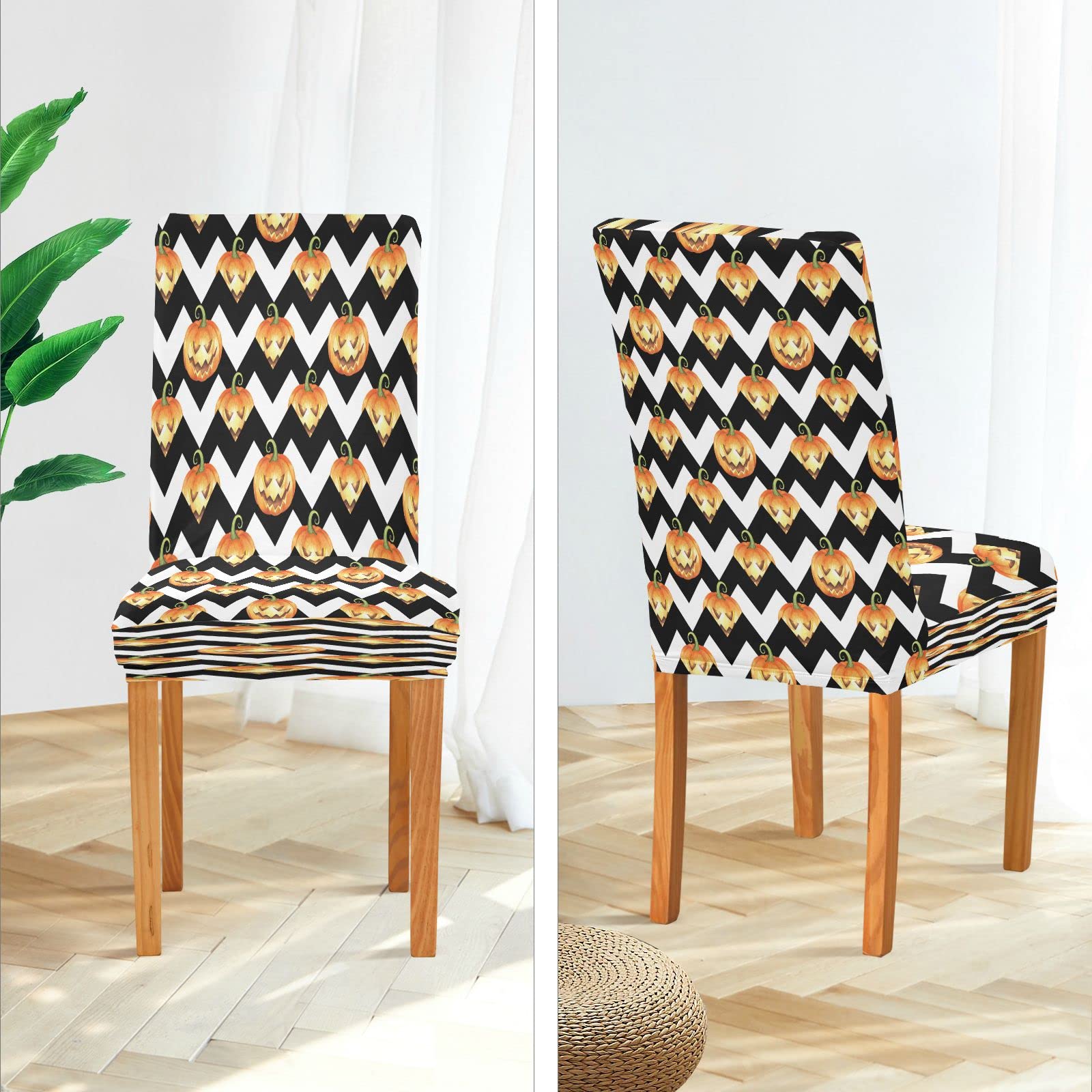 Halloween Pumpkin Striped Chair Covers - Black & White Chevron Stretch Slipcovers (2-Pack) | Removable Dining Seat Protectors for Home, Kitchen, Restaurant & Hotel | Perfect for Autumn Decor & Holiday Parties