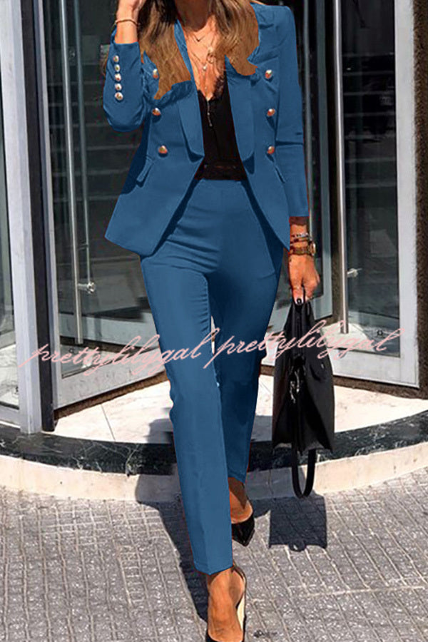 Stylish Women's Lapel Button Pocket Long Sleeve Blazer with Elastic Waist Pants Suit Set - Perfect for Office Wear, Business Meetings, and Formal Occasions