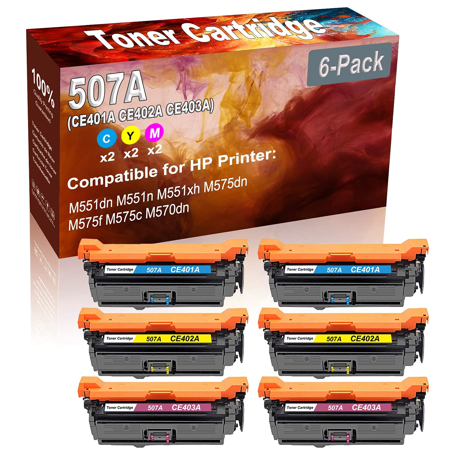 6-Pack (2C+2Y+2M) High Capacity Replacement Toner Cartridge for HP 507A (CE401A CE402A CE403A) - Compatible with M551dn/M551n/M551xh Laser Printers - Perfect for Office & Home Printing Needs