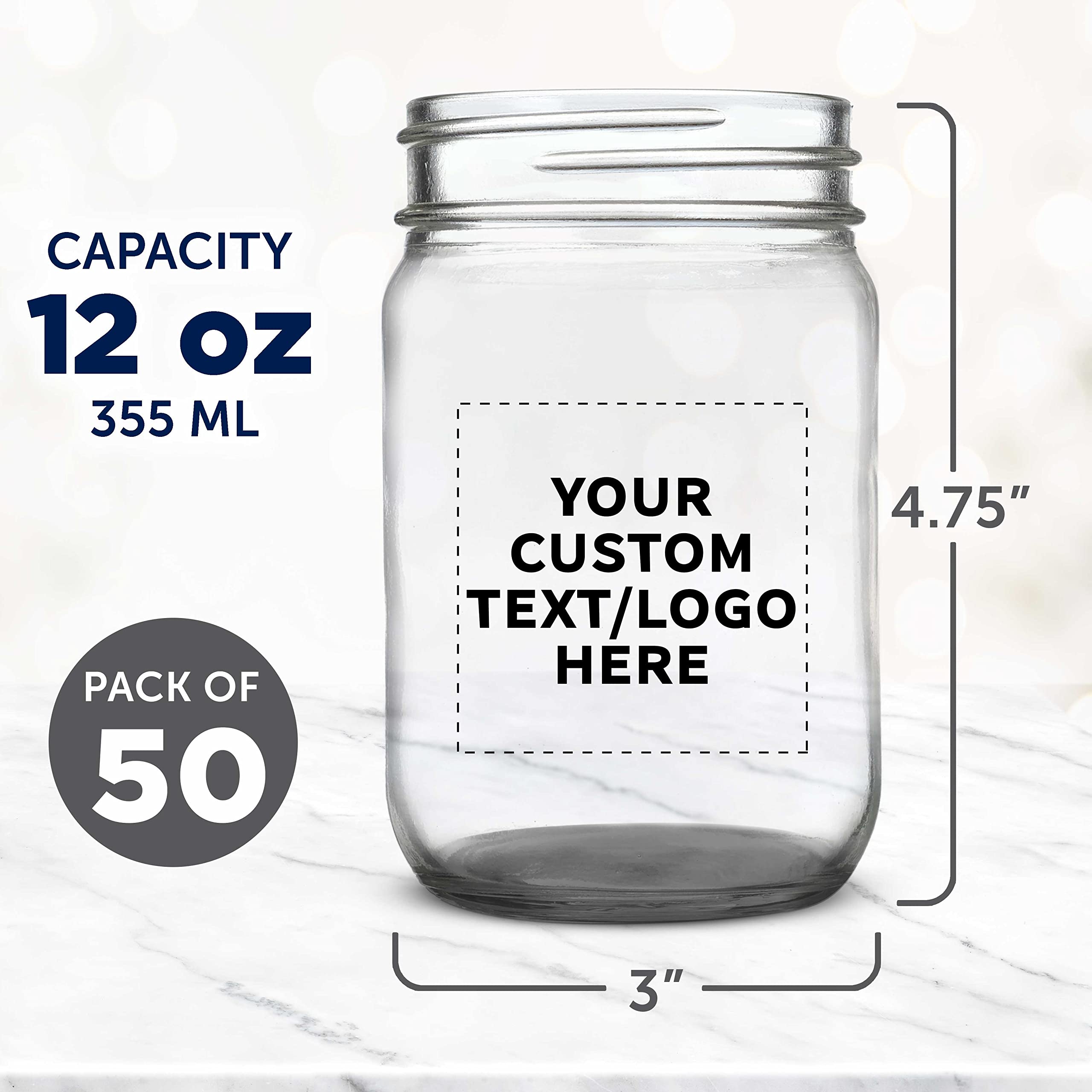 Customized 12 oz Mason Jars Bulk Pack - Set of 50 Glass Jars with Lids for Food Storage, DIY Crafts, Wedding Favors & Party Decor - Perfect for Overnight Oats, Candies, Spices, Pickling, Beverages & Home Organization