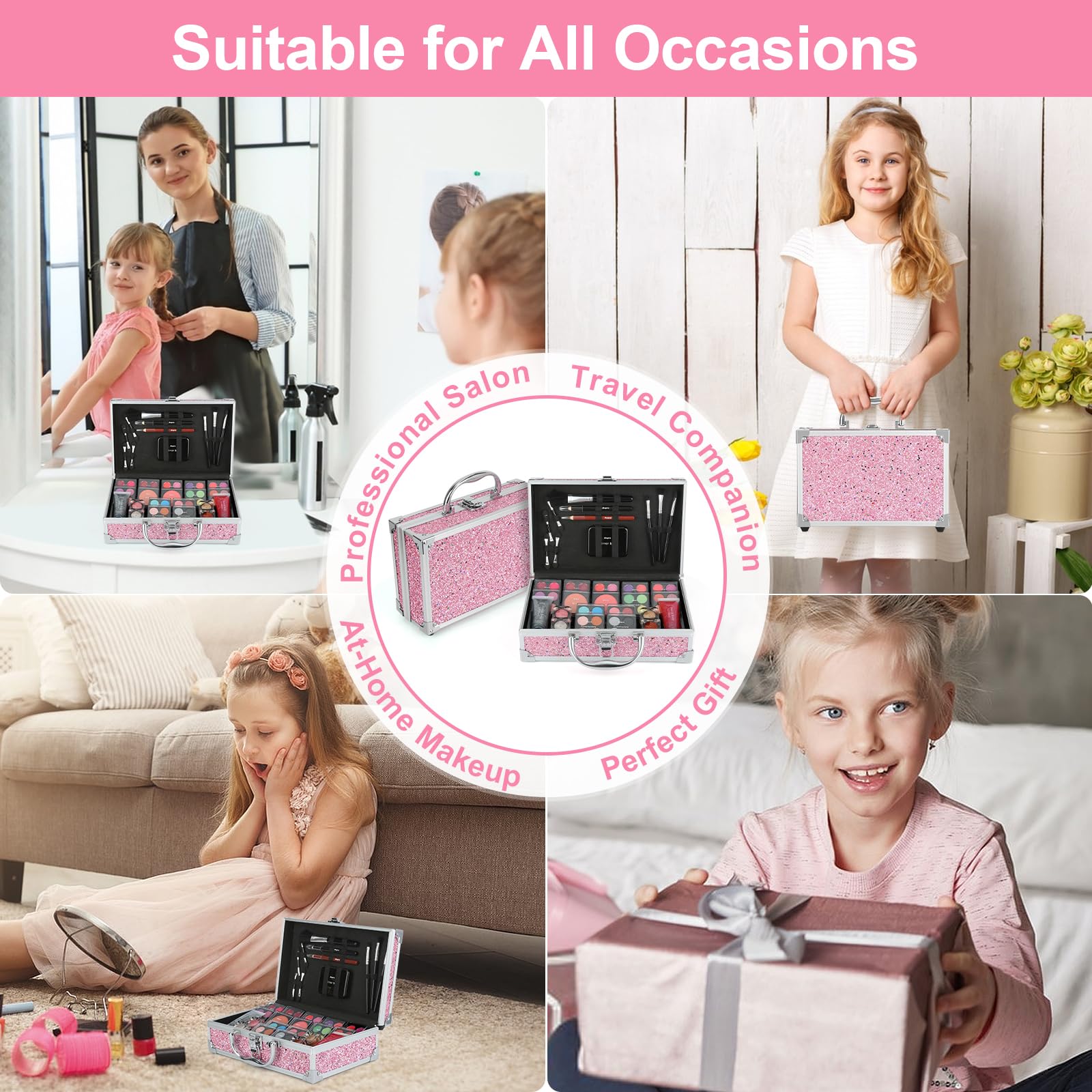 Anpro All-In-One Makeup Carry Case with Professional Teen Makeup Set - Complete Starter Cosmetics Kit Includes Makeup Brushes, Lipsticks, Eye Shadow Palette, Blushes & Glitter Gel (Pink) | Perfect for Travel, School, Parties & Gift Giving