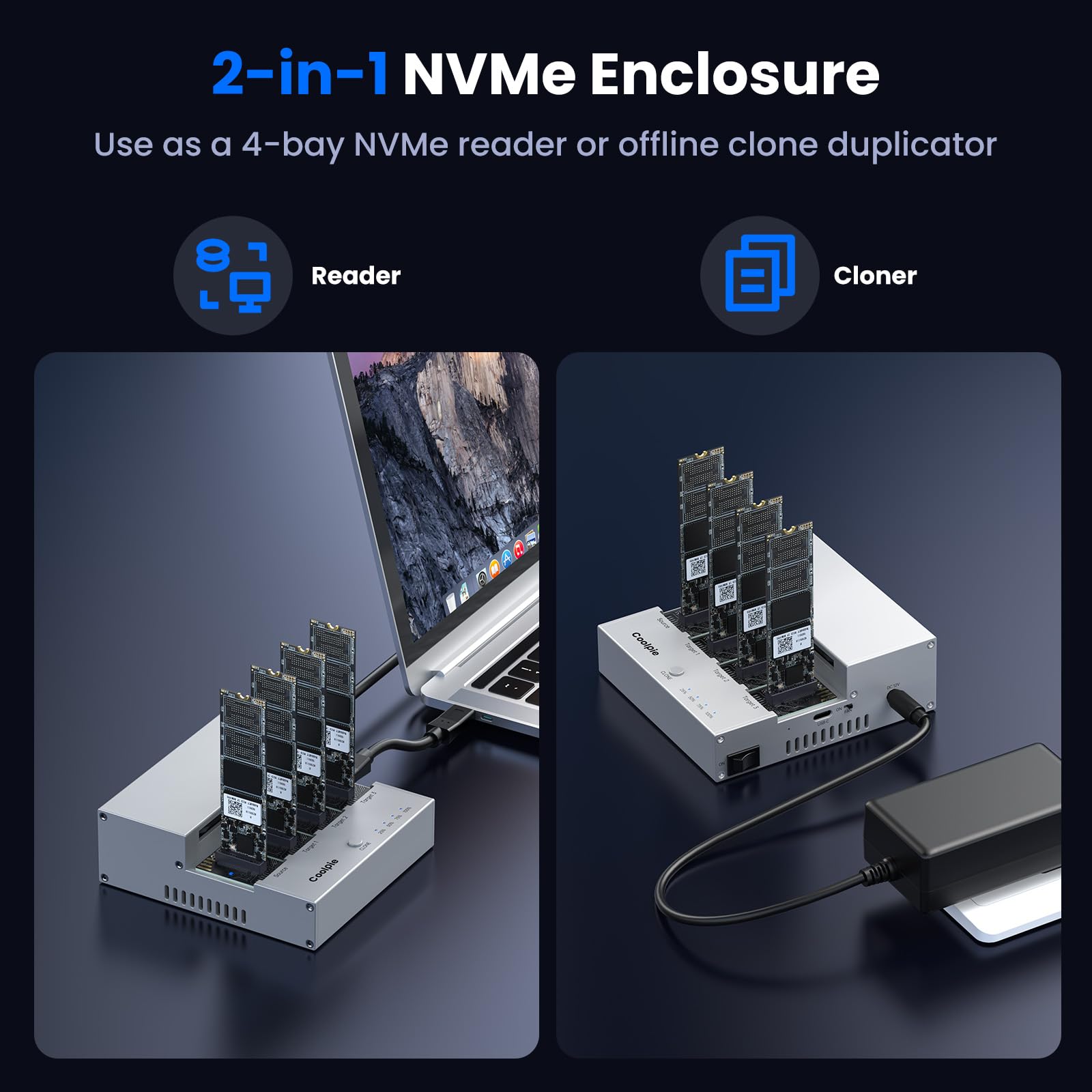 Coolpie CR510 4-Bay M.2 NVMe SSD Cloner - 20Gbps High-Speed Offline Duplicator with Cooling Fans, Tool-Free Design for 2230/2242/2260/2280/22110 SSDs - Perfect for Data Centers, IT Professionals & Secure Backup Solutions