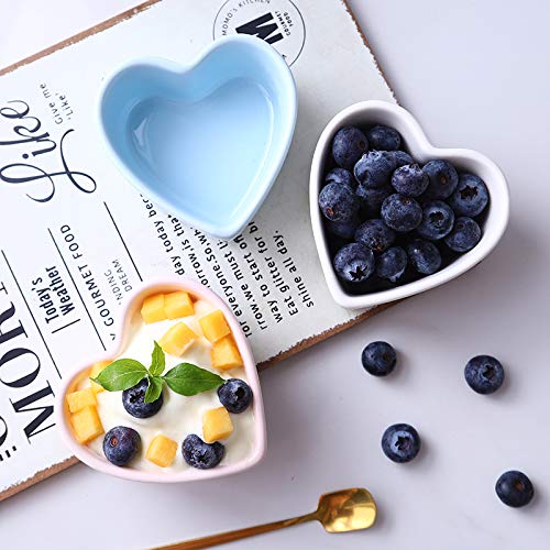 Heart-Shaped Porcelain Ramekin Bowls Set of 4 - Colias Wing Lines Design for Souffle, Creme Brulee & Baking (Blue/Pink/White) | Perfect for Dessert Serving, Kitchen Decor & Gift Giving
