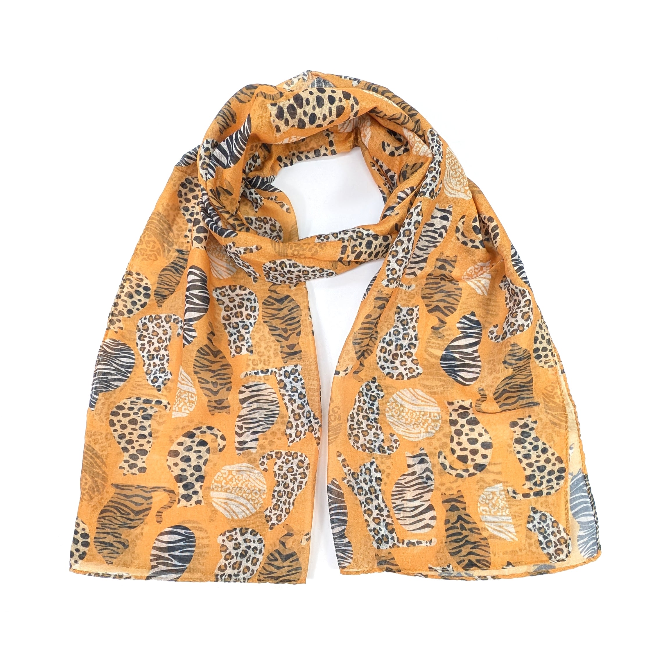 Prespa Mustard Animal Print Cat Scarf - 50x180cm Soft Feline Fashion Accessory for Women, Perfect for Halloween Costumes, Cosplay & Winter Outfits