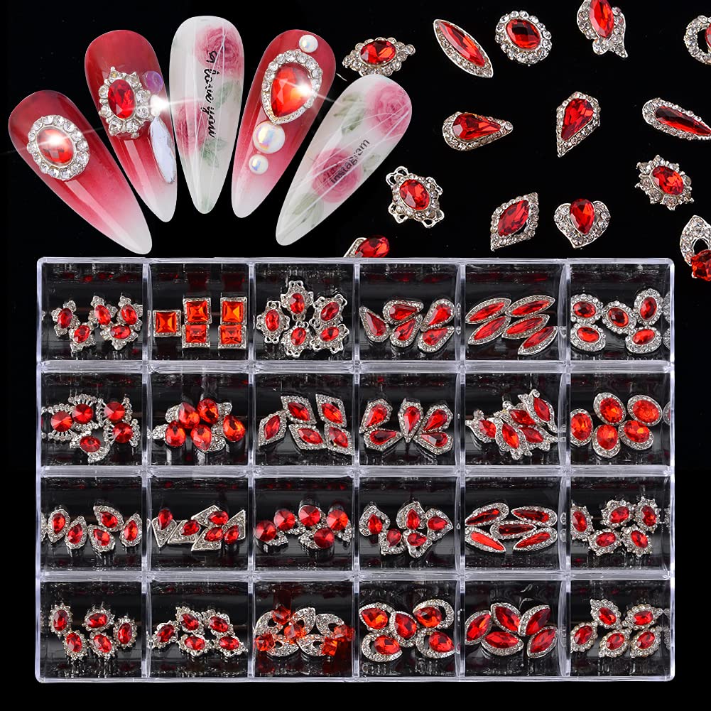 120Pcs Nail Art Rhinestones Kit - 24 Styles Red Glass Rhinestones & Metal Gems for Nail Decoration | DIY Manicure, Nail Salon, Party & Wedding Nail Designs