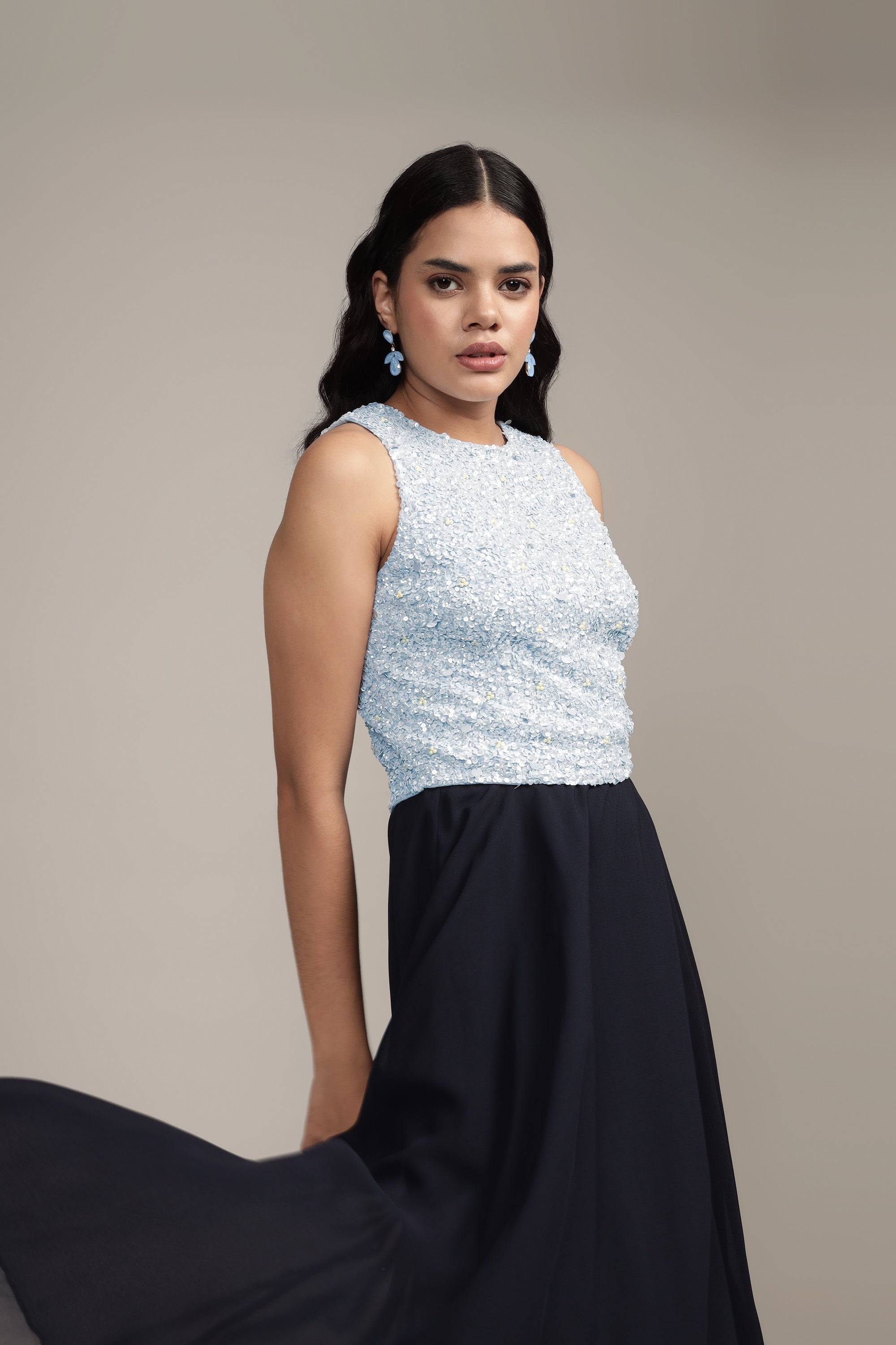 Light Blue Embellished Picasso Top for Women | Elegant Blouse for Casual Wear, Office & Special Occasions
