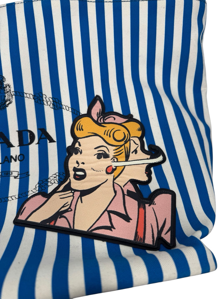 Prada Blue and White Canvas Comic Tote Bag - Stylish Designer Handbag for Women | Perfect for Work, Travel & Everyday Use