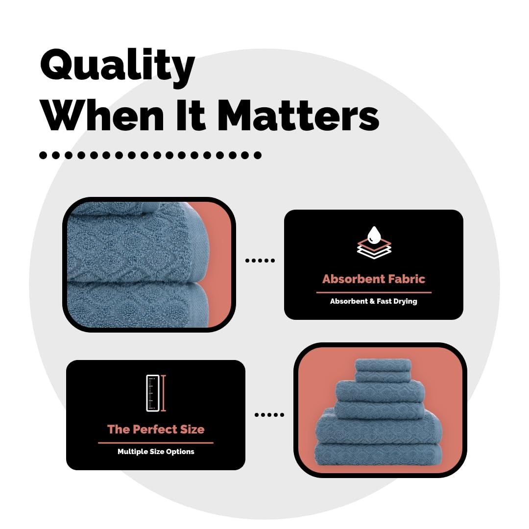 Premium 6-Piece Bath Towel Set - Diamond Textured, Super Absorbent & Soft - Kingsboro Captains Blue - Perfect for Spa, Bathroom & Guest Use