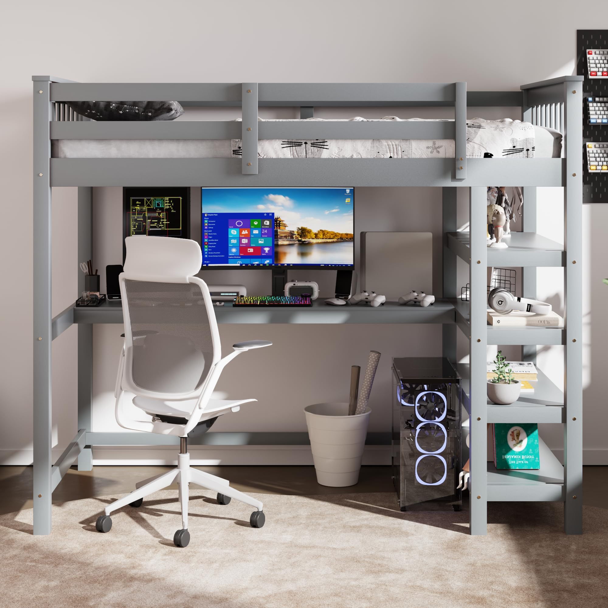 Merax Twin Size Wood Loft Bed with Built-in Desk & 4 Storage Shelves - Solid Wood Study Bed for Small Spaces - Perfect for Kids Rooms, Dormitories & Studio Apartments (Grey)
