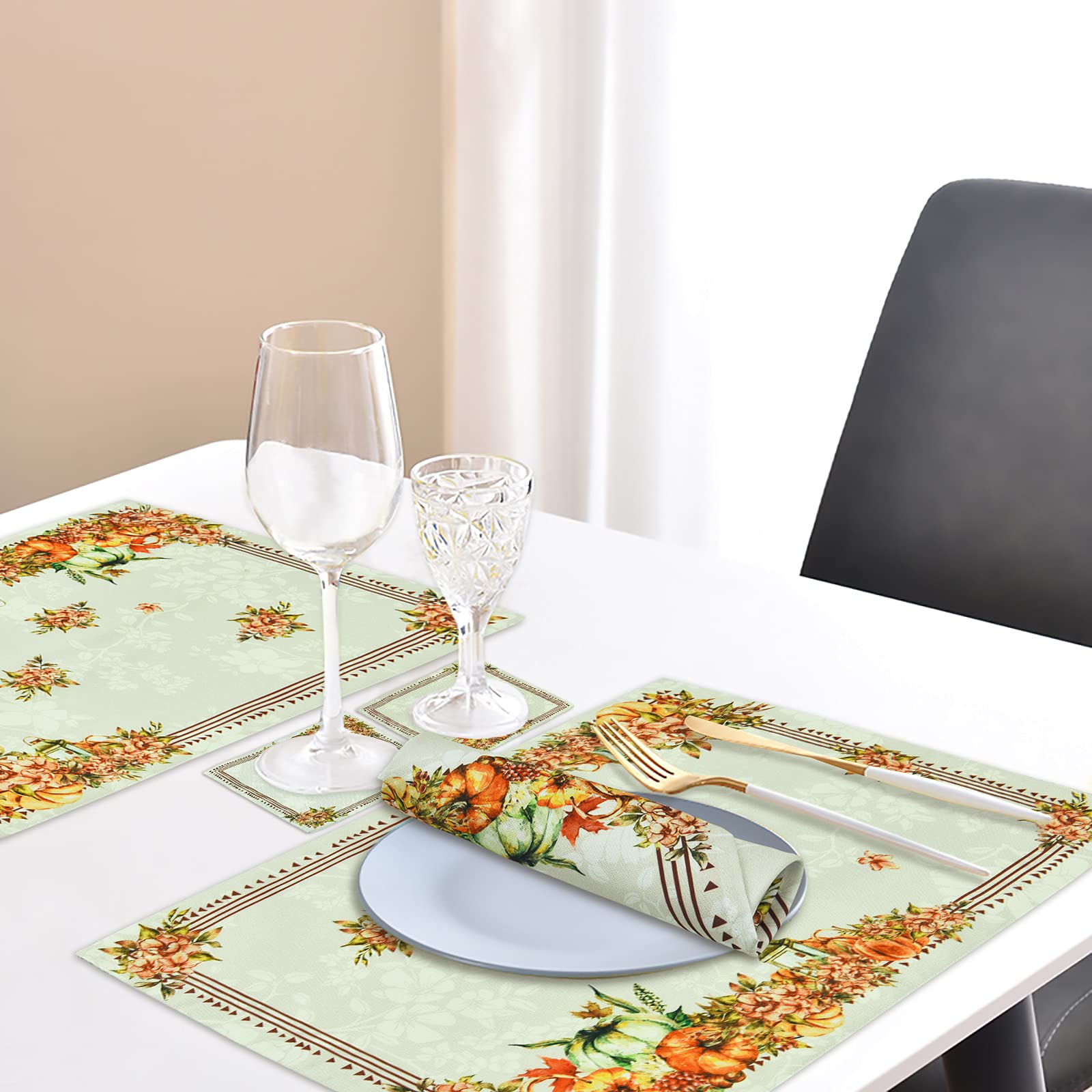 ASPMIZ 12-Piece Thanksgiving Placemat Set - Waterproof Floral Table Mats with Napkins & Coasters, Non-Slip Dining Table Decor for Fall & Autumn (12x18 Inch) - Perfect for Thanksgiving Dinner, Holiday Gatherings & Seasonal Home Decor