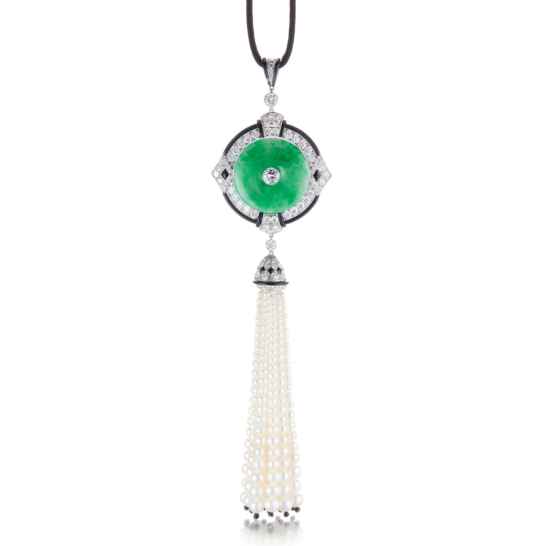 Exquisite Jade, Diamond & Pearl Tassel Necklace - Elegant Statement Jewelry for Weddings, Parties & Special Occasions