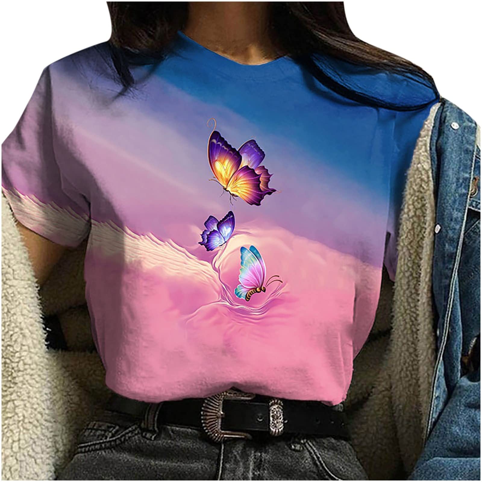 Women's Summer Short Sleeve Graphic Butterfly T-Shirt - Round Neck Printed Blouse, Loose Fit Casual Tee for Women - Perfect for Beach Outings, Streetwear & Everyday Comfort