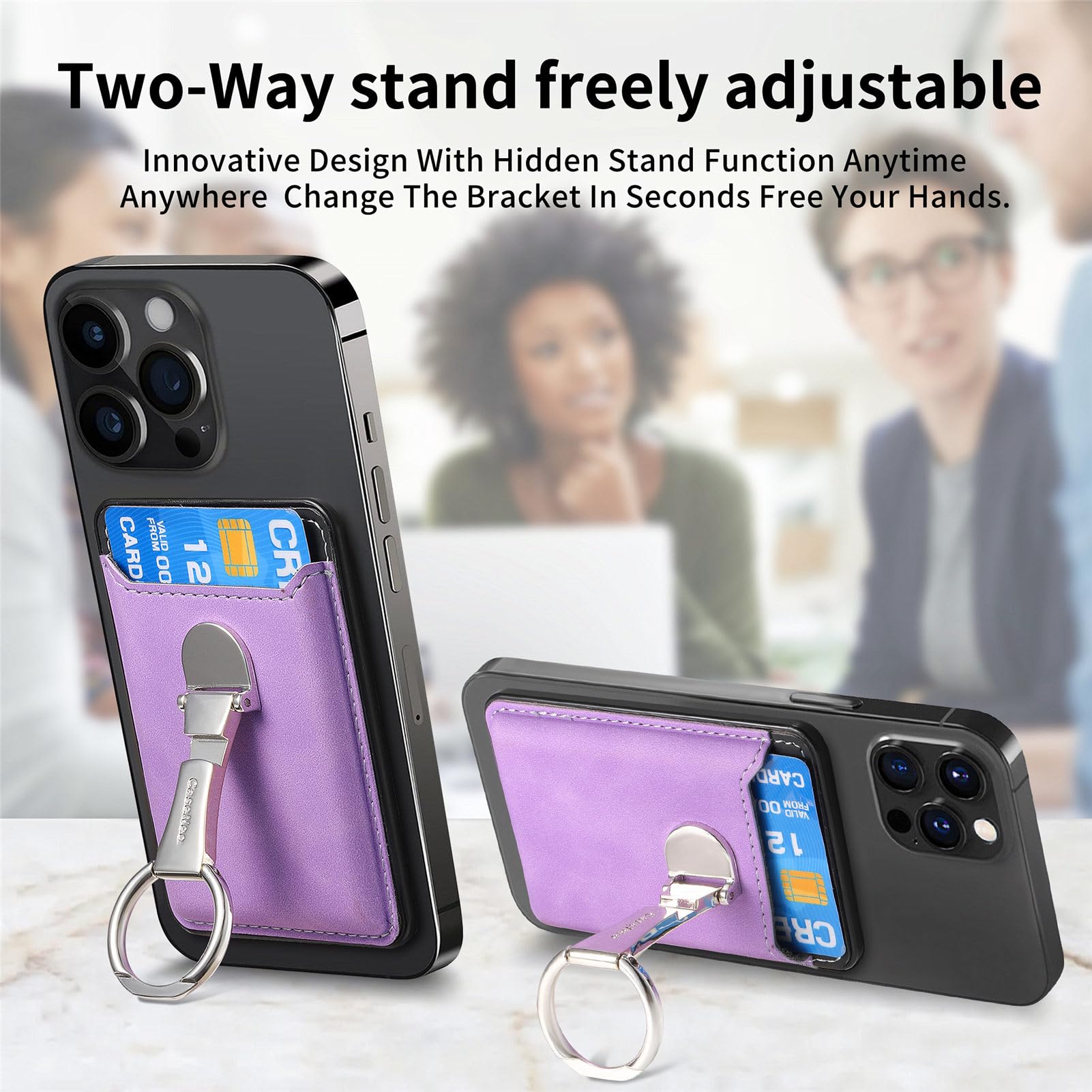 Magnetic Wallet for iPhone Samsung Android - Leather Card Holder for Phones with Kickstand - Business & ID Use