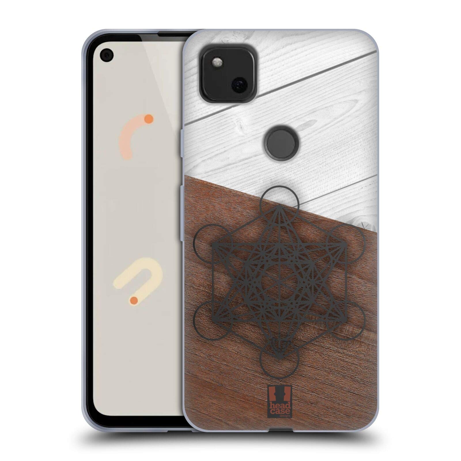 Metatron's Cube Wood Case for Google Pixel 4a - Geometric Phone Cover & Wallpaper Set for Spiritual Protection