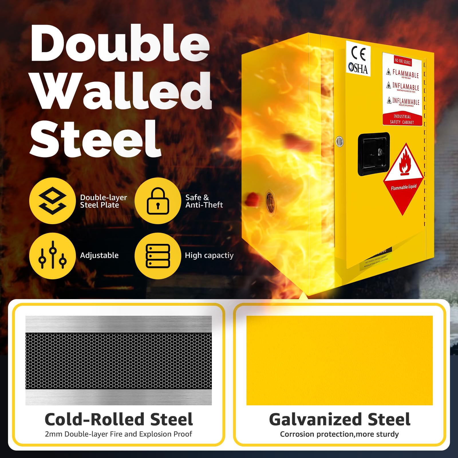 Flammable Safety Storage Cabinet 22H x 17W x 17D - Galvanized Steel Hazardous Material Cabinet with Adjustable Shelves | Fireproof Chemical Storage for Home, Garage & Industrial Use | OSHA Compliant Yellow Safety Cabinet for Paint, Solvents & Flammable Liquids
