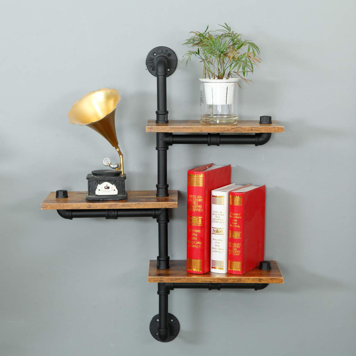 Industrial Pipe Shelving with Wood Planks - Rustic Floating Wall Mounted Shelves for Bar, Kitchen & Living Room | Perfect for Home Decor, Storage & Display