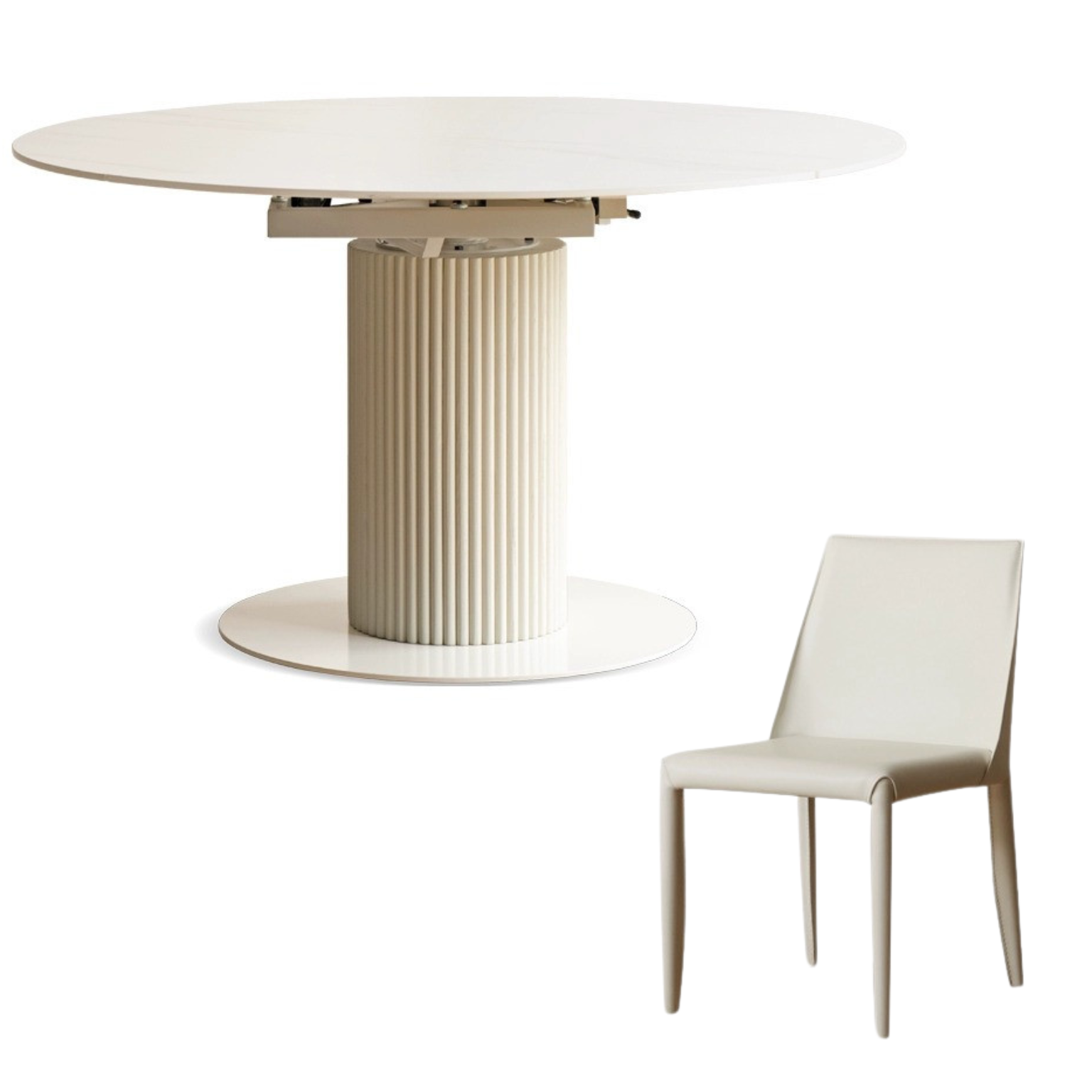 Solid Oak Wood Round Extendable Dining Table with Rock Plate Design - Cream Finish for Modern Dining Room & Kitchen Decor
