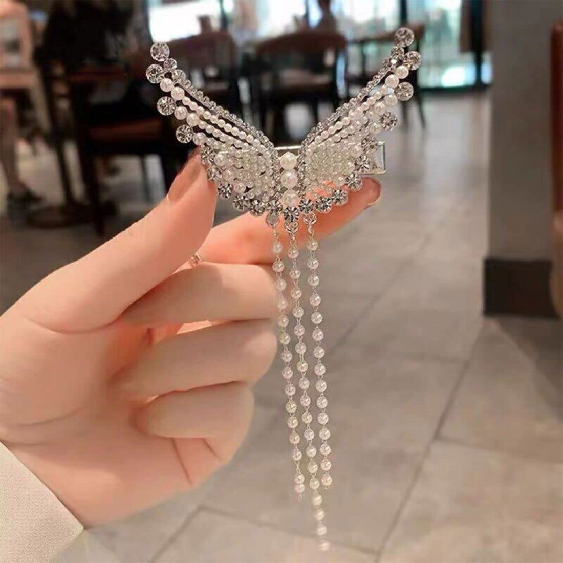 DENICRAAS Rhinestone & Faux Pearl Wing Design Hair Clips - Alloy Barrettes with Pearl Tassel for Women | Perfect for Weddings, Parties & Special Occasions