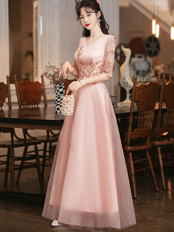 Elegant Pink Shimmery A-Line Tulle Evening Gown for Women | Formal Party Dress for Prom, Wedding, Cocktail Events | Plus Size Options Available