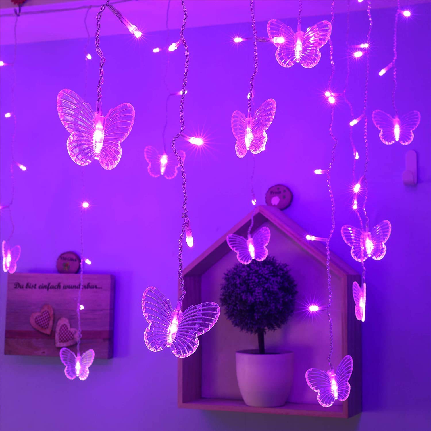 120 LED Butterfly Curtain Lights - 19.7FT USB Powered Waterproof Fairy Lights with Remote & 8 Modes - 24 Butterflies Twinkle Lights for Bedroom, Christmas, Wedding, Party Decorations (Purple) - Perfect for Indoor & Outdoor Holiday Decor, Window Dressing, and Romantic Ambiance