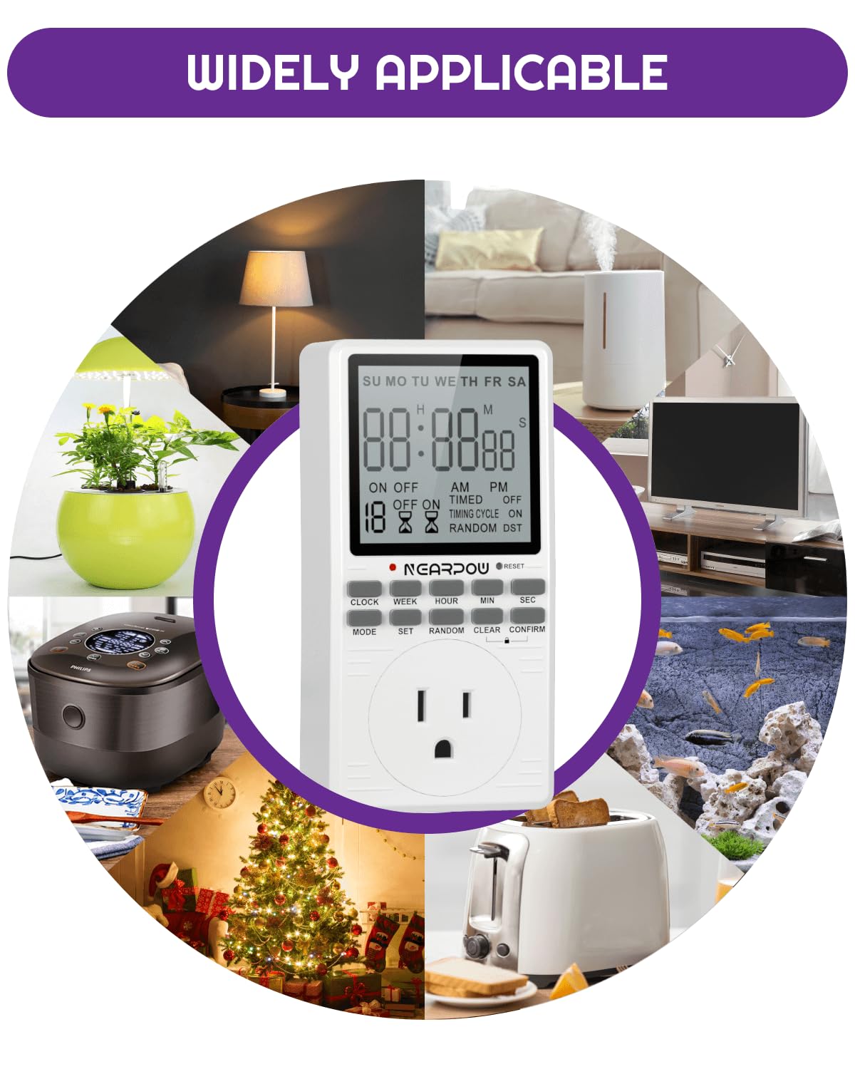 NEARPOW 7-Day Programmable Outlet Timer with Countdown - 19 ON/Off Settings, 15A/1800W, 3-Prong Plug - Perfect for Christmas Lights, Aquariums, Grow Lights & Home Automation