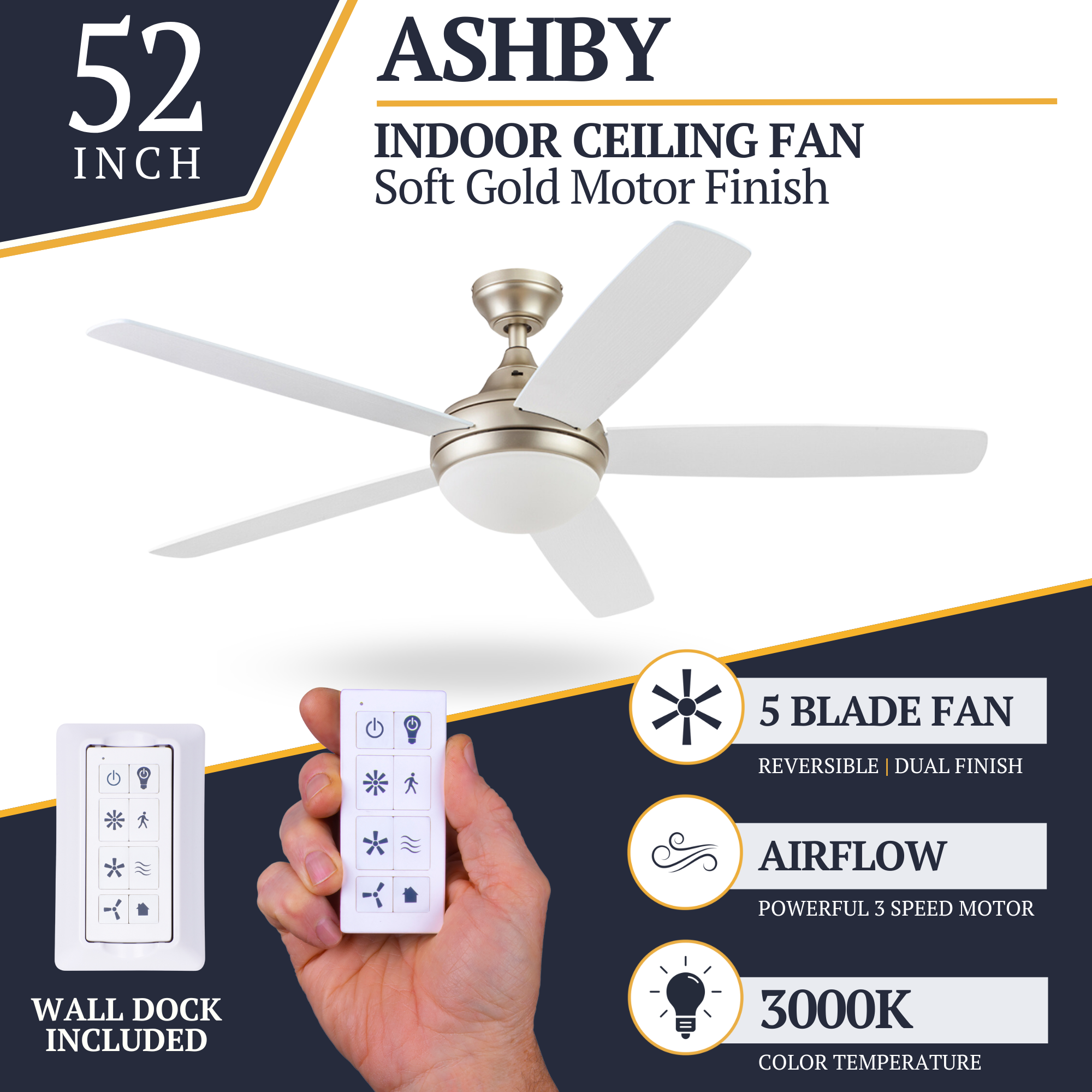 52 Inch Ashby Soft Gold Ceiling Fan with Remote Control - Perfect for Living Room, Bedroom, and Outdoor Patio Cooling