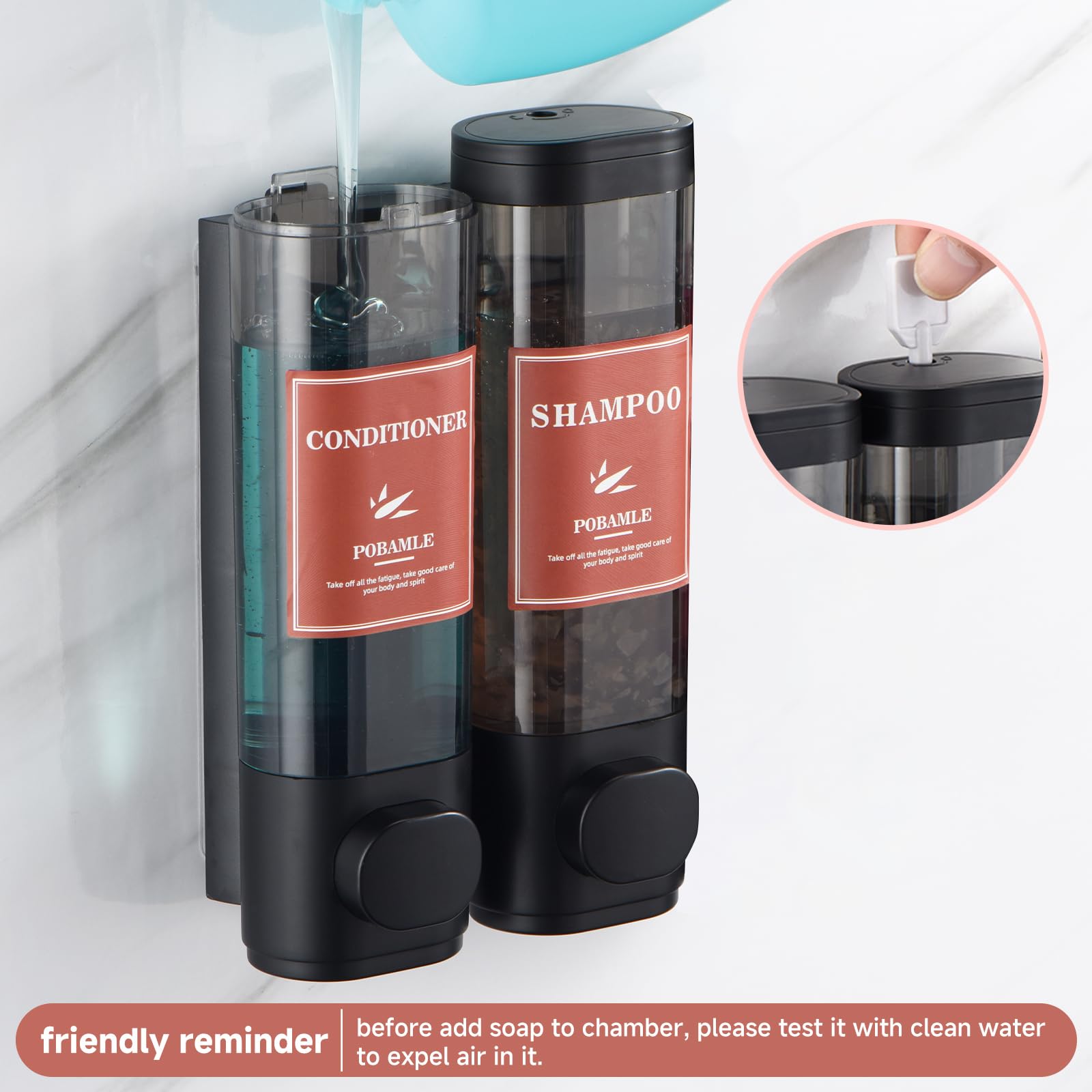 Wall Mounted Shampoo & Conditioner Dispenser - No Drill 2-Chamber Soap Dispenser for Shower, Bathroom Body Wash & Shower Gel Holder (Black) - Perfect for Space-Saving Bathroom Organization & Hands-Free Shower Convenience