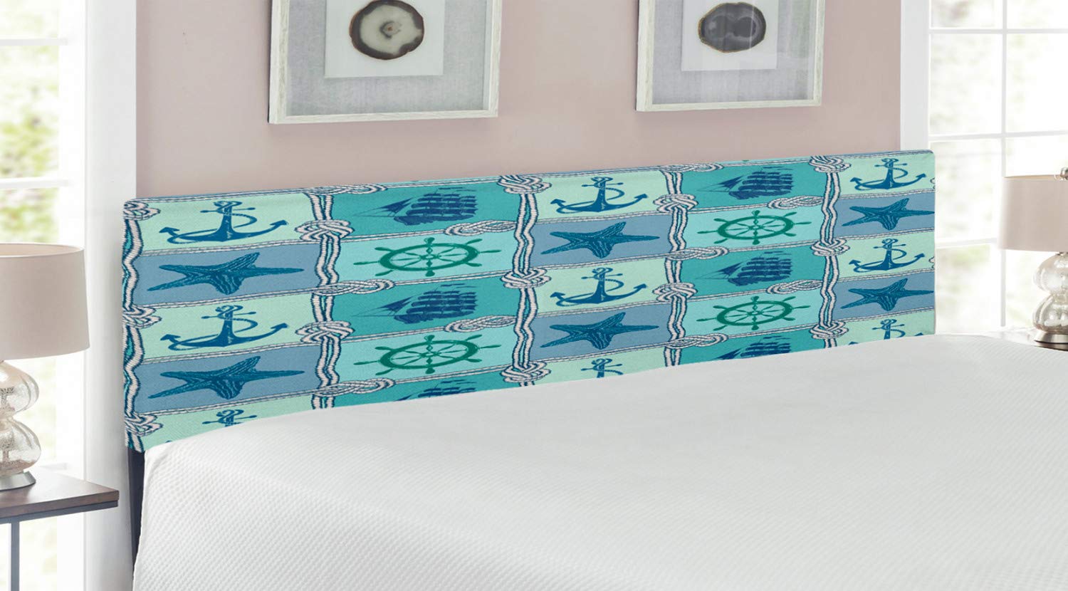 Ambesonne Nautical Upholstered King Size Headboard - Ships Wheel, Starfish, Anchor & Helm Design, Turquoise Navy, Memory Foam Bed Headboard for Coastal & Beach Themed Bedrooms