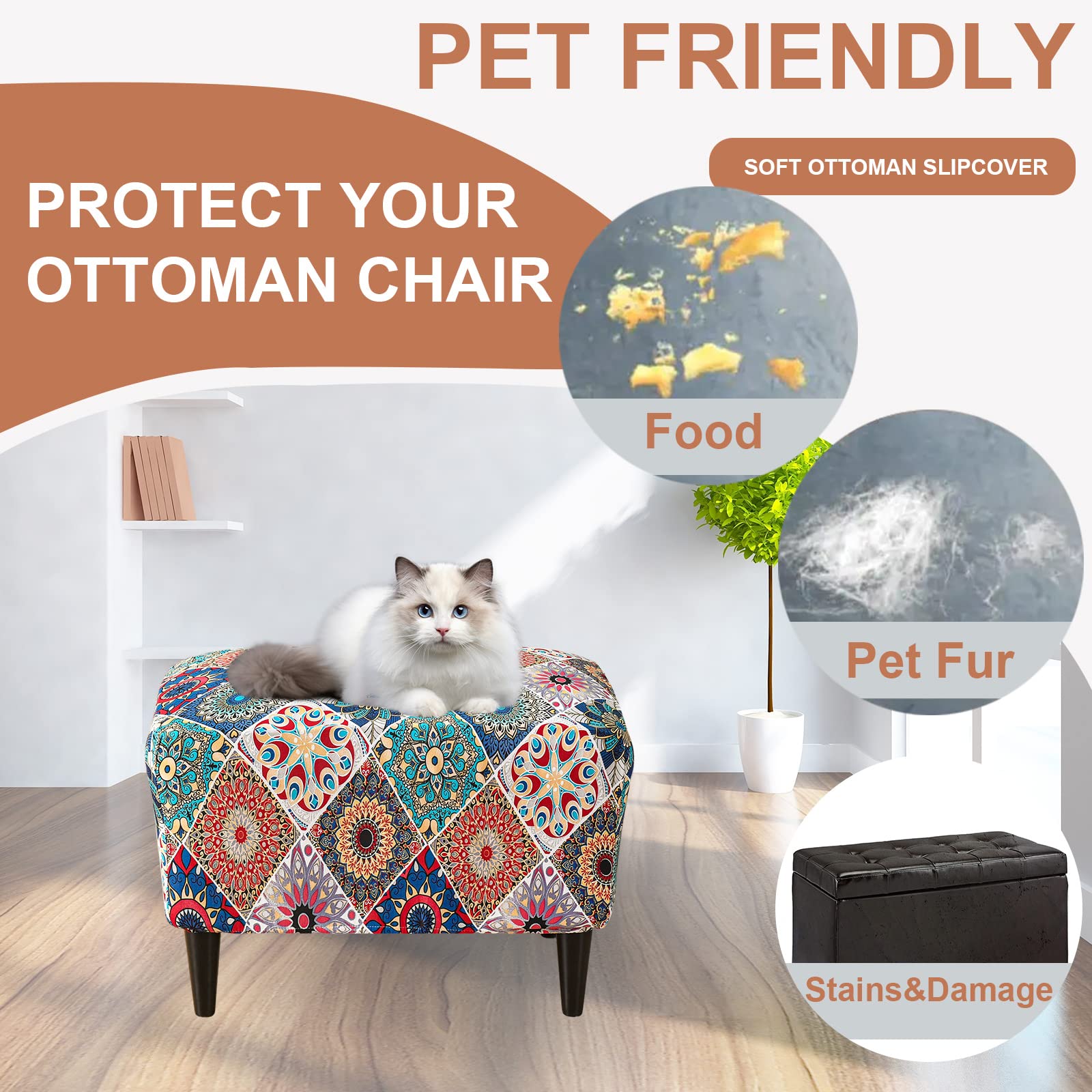 Eco-Friendly Stretch Ottoman Slipcover with Non-Slip Elastic Bottom - Rectangular Storage Footrest Stool Cover for Living Room, Bedroom & Nursery
