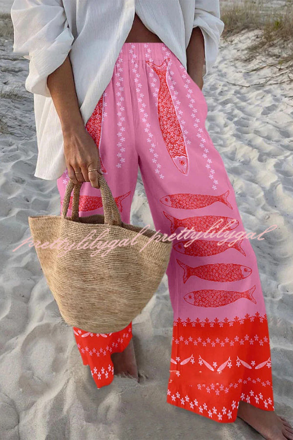 Stylish Marine Print Elastic Waist Loose Pocket Pants for Women - Comfortable Beachwear & Casual Summer Outfits