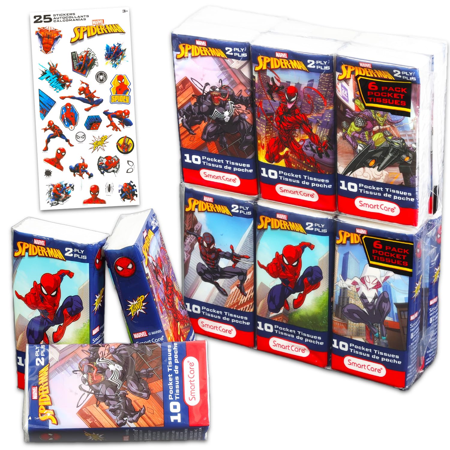 Spider-Man Pocket-Sized Facial Tissues - 12 Packs of 10 Sheets (120 Tissues) with Bonus Stickers | Marvel Licensed Travel Tissues for Kids, School, Classroom, Office & On-the-Go Use