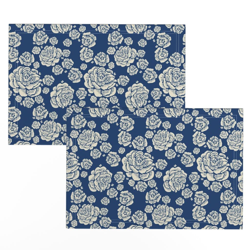Premium Linen Cotton Canvas Placemats Set of 2 - Vintage Floral Roses Cream Blue Botanical Print Table Mats for Dining Decor, Kitchen Table Setting & Home Entertaining