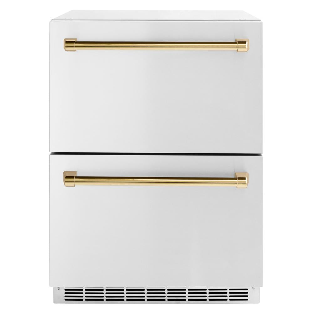 ZLINE Autograph Edition 24 Inch Stainless Steel Outdoor Refrigerator Drawer - Dual Zone 168 Can Capacity with Polished Gold Handles (RDSOZ ST 24 G) - Perfect for Outdoor Kitchens, Patios, and Entertaining Areas
