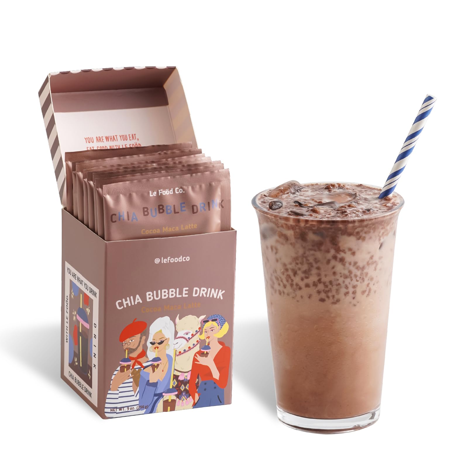 Organic Chia Seeds Bubble Milk Tea Powder Kit - Healthy Instant Boba Drink Alternative with Superfood Maca & Chia | 8-Pack (Cocoa Maca Flavor) | Perfect for Home Cafe, Afternoon Tea & Healthy Snacking