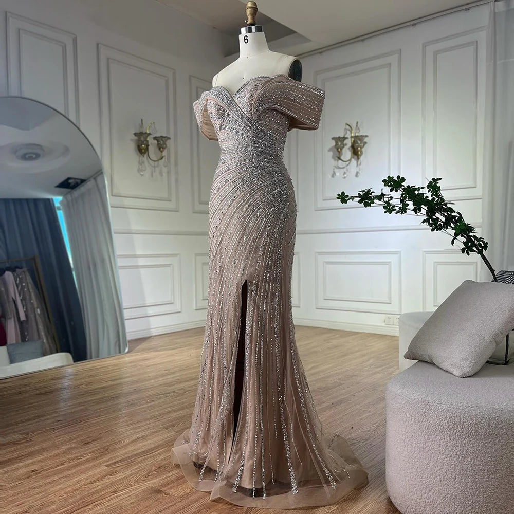 Luxury Dubai Arabic Silver Nude Mermaid Beaded Evening Gown with High Slit for Formal Occasions, Weddings, Parties & Special Events - Saudi LA72481A