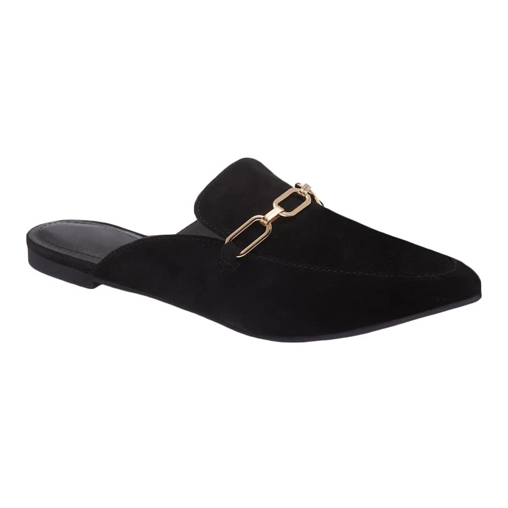Juliet Holy Women's Pointed Toe Mules with Chain Buckle - Slip On Backless Loafers & Slides for Casual Wear, Office, and Summer Outfits