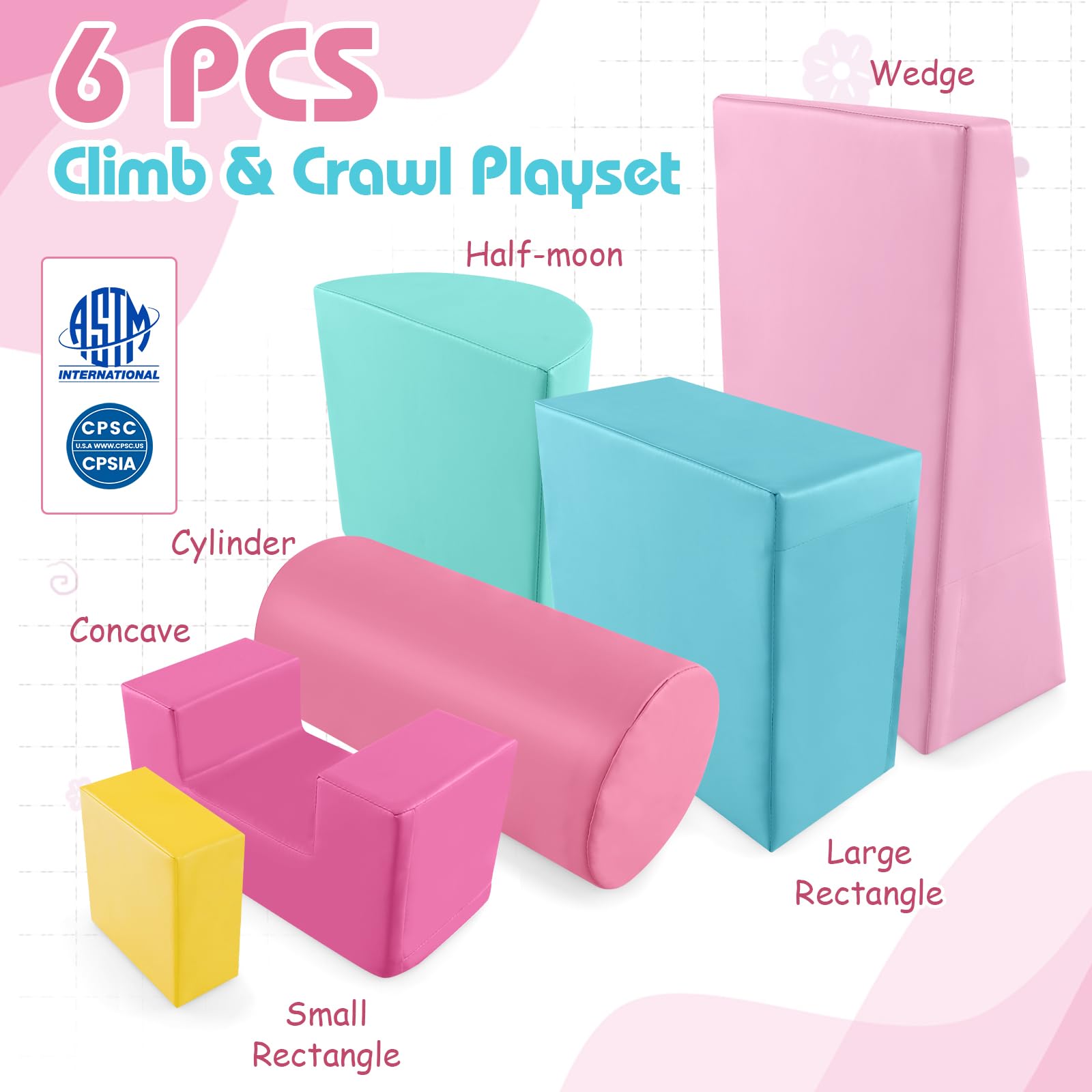 Costzon 6-Piece Toddler Climbing Toys Set - Soft PU Foam Play Blocks for Babies 1-3 Years | Indoor Crawl & Walk Activity Gym | Safe Playroom Climber for Early Development (Pink) - Perfect for Nursery, Daycare & Home Play Areas