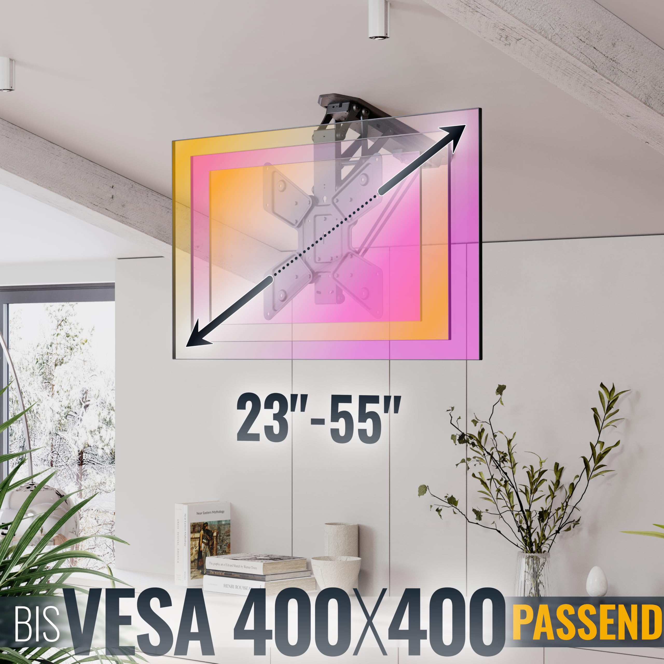 RICOO SE0544 Electric TV Ceiling Mount for 23-55 Inch TVs - Foldable Lift System Supports Up to 30kg & VESA 400x400mm - Perfect for Living Rooms, Bedrooms & Home Theaters