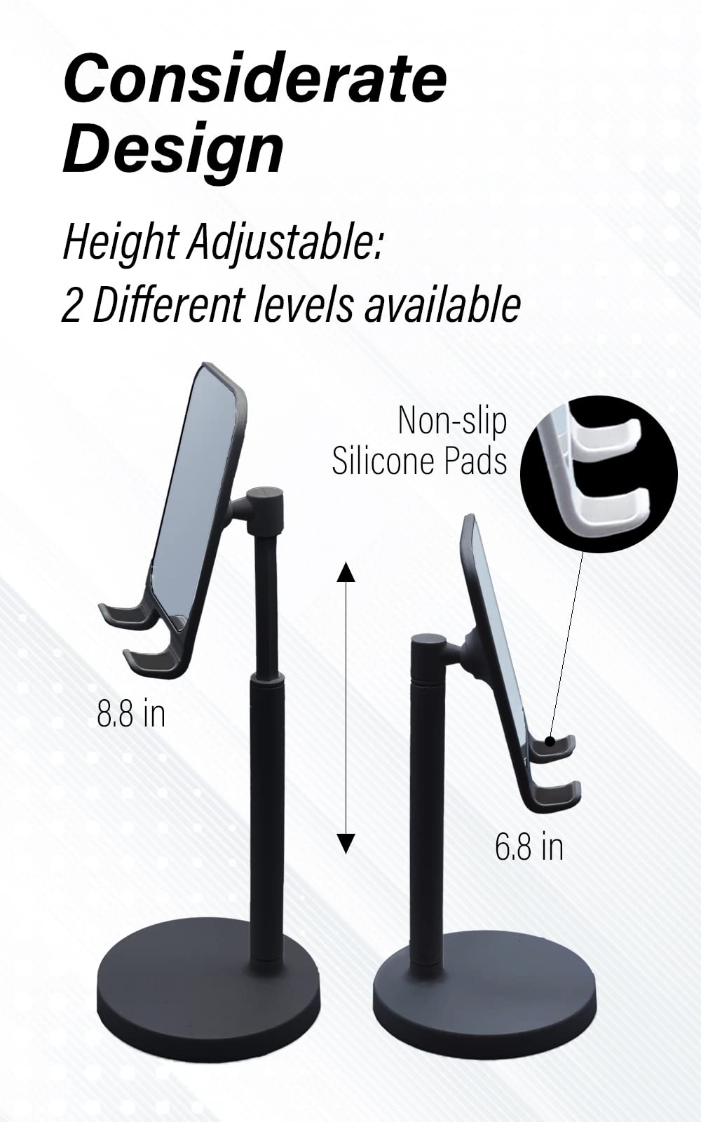 Adjustable Phone Stand with Mirror for Desk & Travel - Black | Hands-Free for Office, Kitchen, iPad