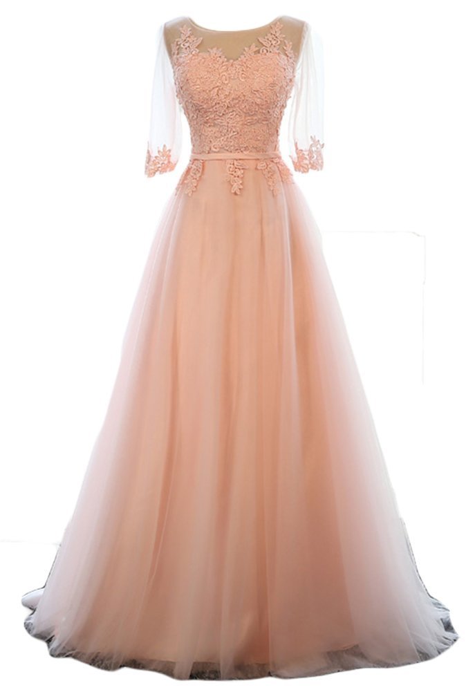 Elegant Women's Half Sleeves Lace Applique Tulle Long Formal Evening Dress for Prom, Wedding, Gala & Special Occasions