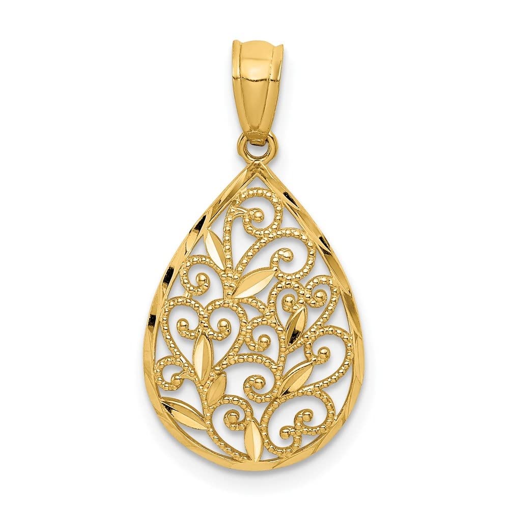 14K Yellow Gold Small Filigree Teardrop Pendant Necklace for Women - Elegant Jewelry Gift for Birthday, Anniversary & Special Occasions