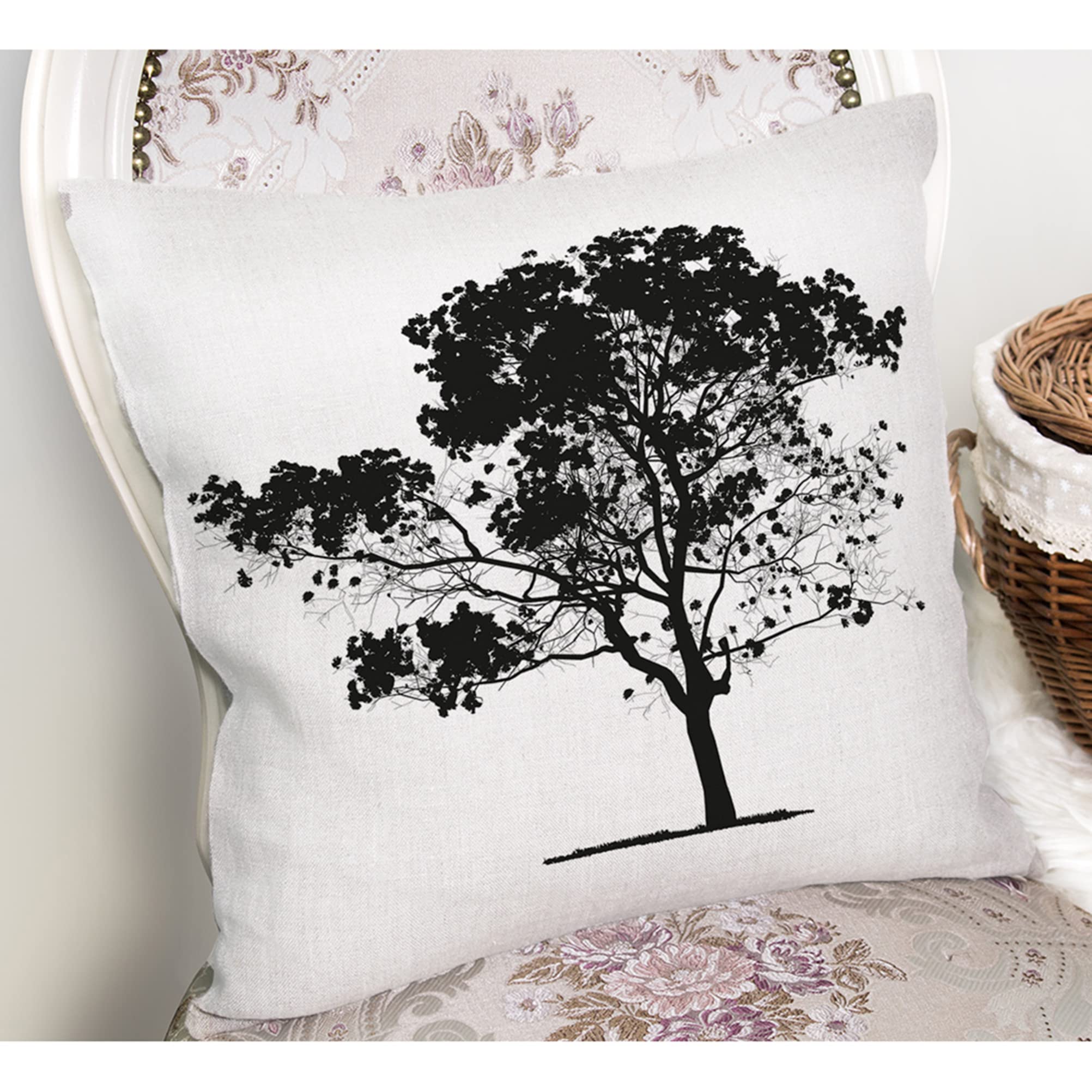 Farmhouse Botanic Square Throw Pillow Covers 12x12 inches (31x31cm) - Tree Home Decorative Pillowcase Set of 2 - White and Black Oak Leaf Design Cushion Shams for Sofa, Bed, Living Room - Cozy Farmhouse Style Home Decor Gift Ideas