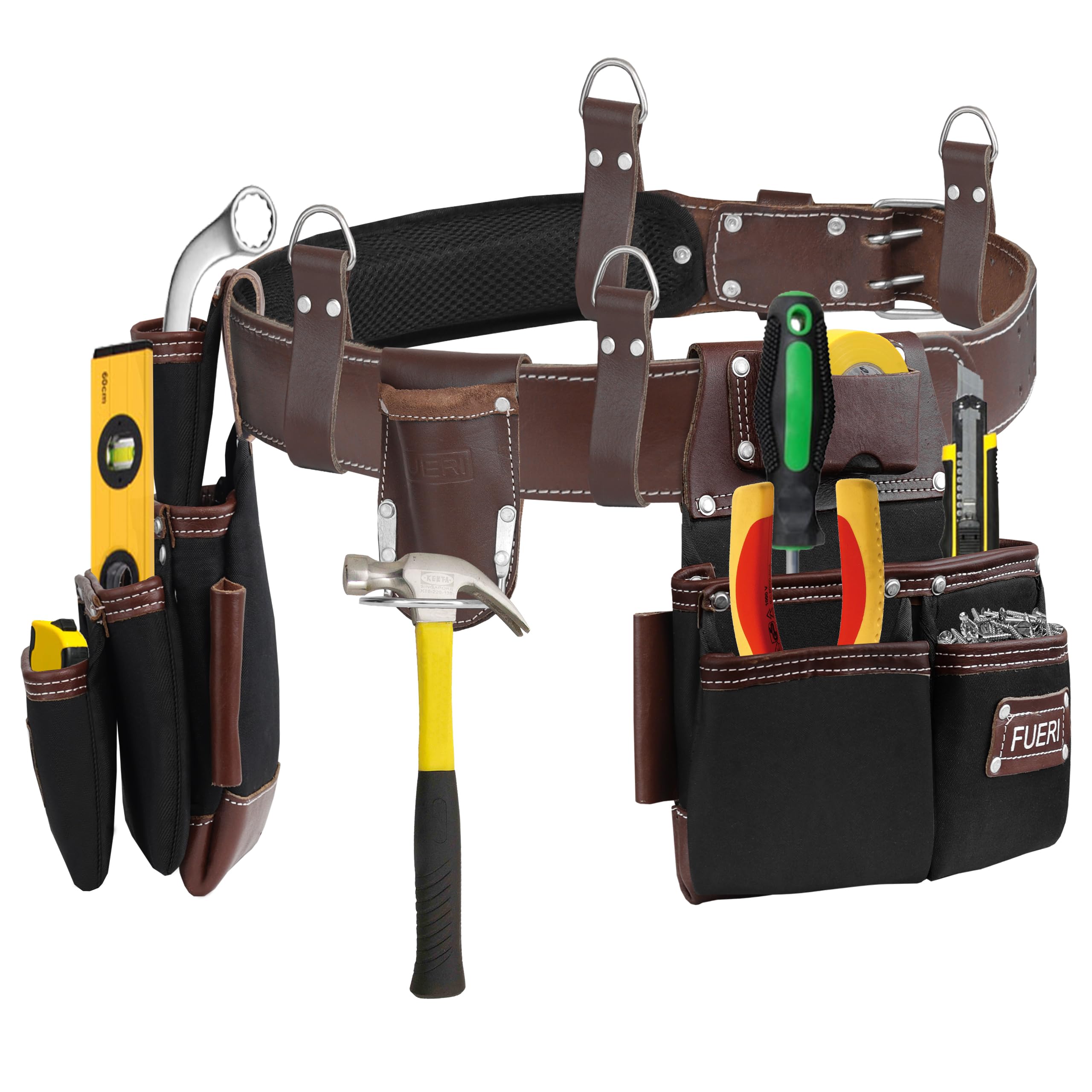 FUERI Heavy Duty Nylon & Leather Tool Belt for Men - Carpenter, Electrician, Construction Work Belt with Multiple Pouches & Organizer (Black/Brown) - Perfect for Framing, Renovation & DIY Projects